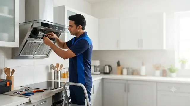 Technician repairing a kitchen chimney