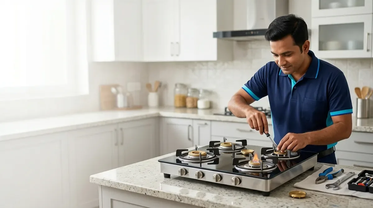 Technician repairing a gas stove burner in a Tricity home