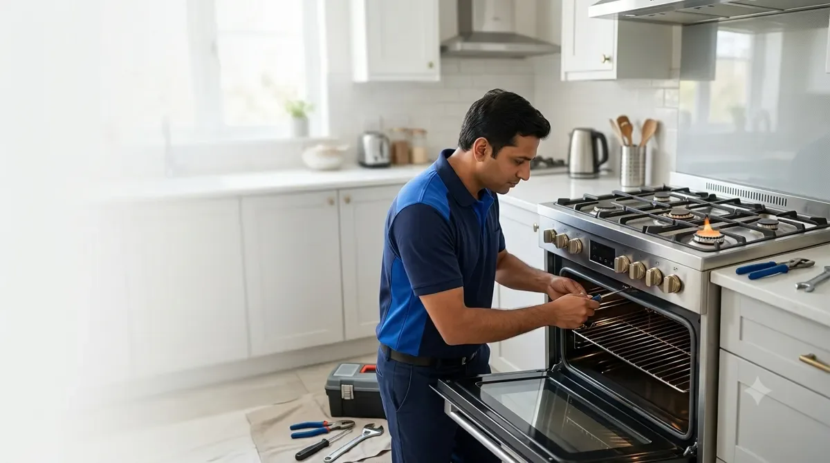 Technician repairing a gas oven and cooking range